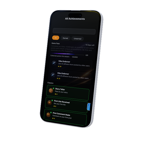 ONTOUR Achievements page - track badges and time-limited challenges