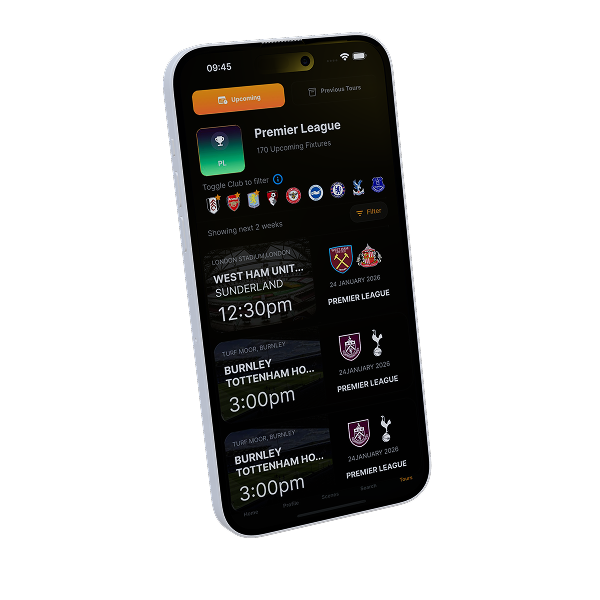 ONTOUR Fixtures view - browse fixtures by competition, filter and favourite clubs