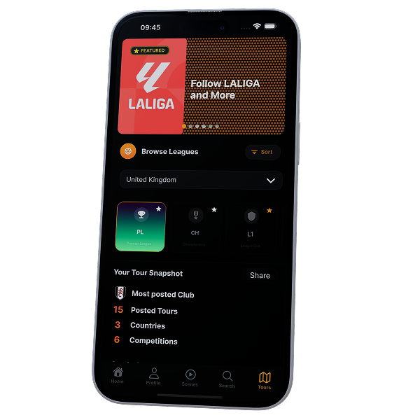 ONTOUR Tours main view - browse competitions and explore matchday content